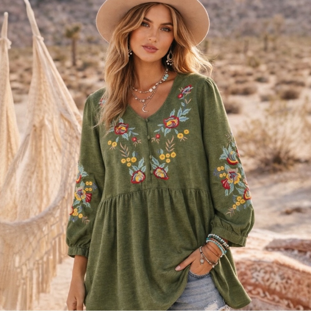 Boho Floral Embroidered Tunic Top Olive Green 2X Peasant Blouse Cottagecore Fall